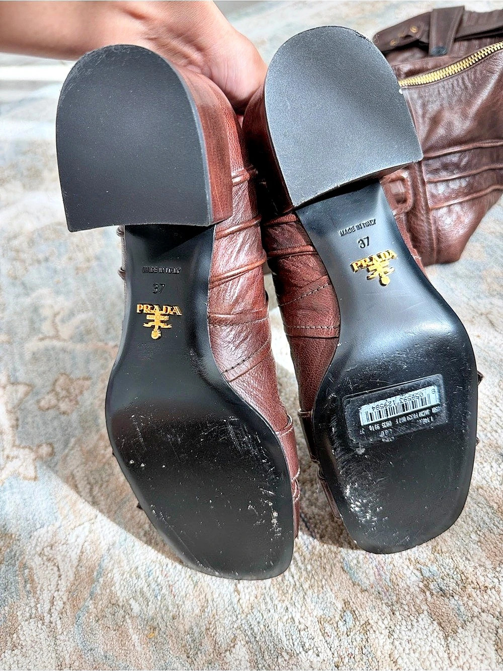 Runway Prada Capra Leather Over-The-Knee Tall Low Heel Boots Brown Size 37 EU - Picture 10 of 17